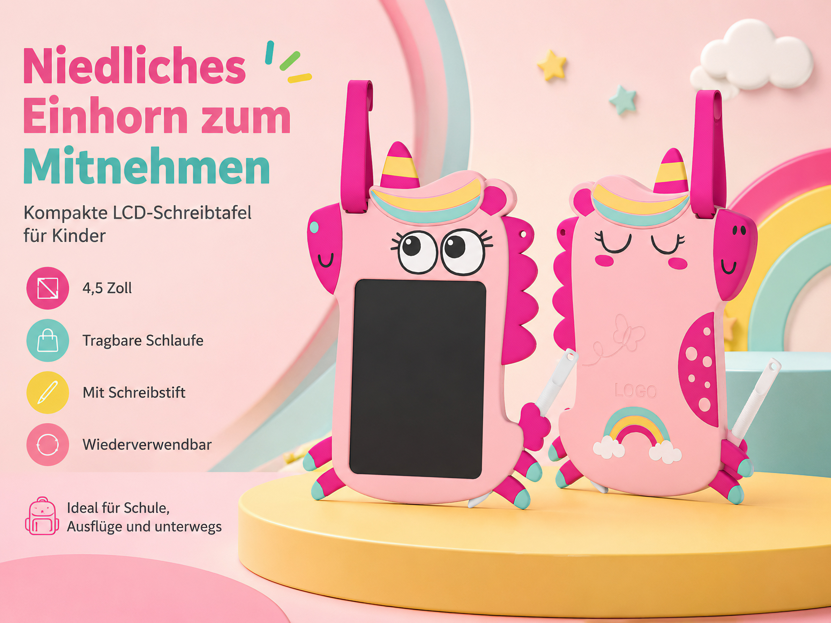 Zwei rosafarbene Einhorn-LCD-Schreibtafeln für Kinder mit Regenbogen- und Sternendekor.