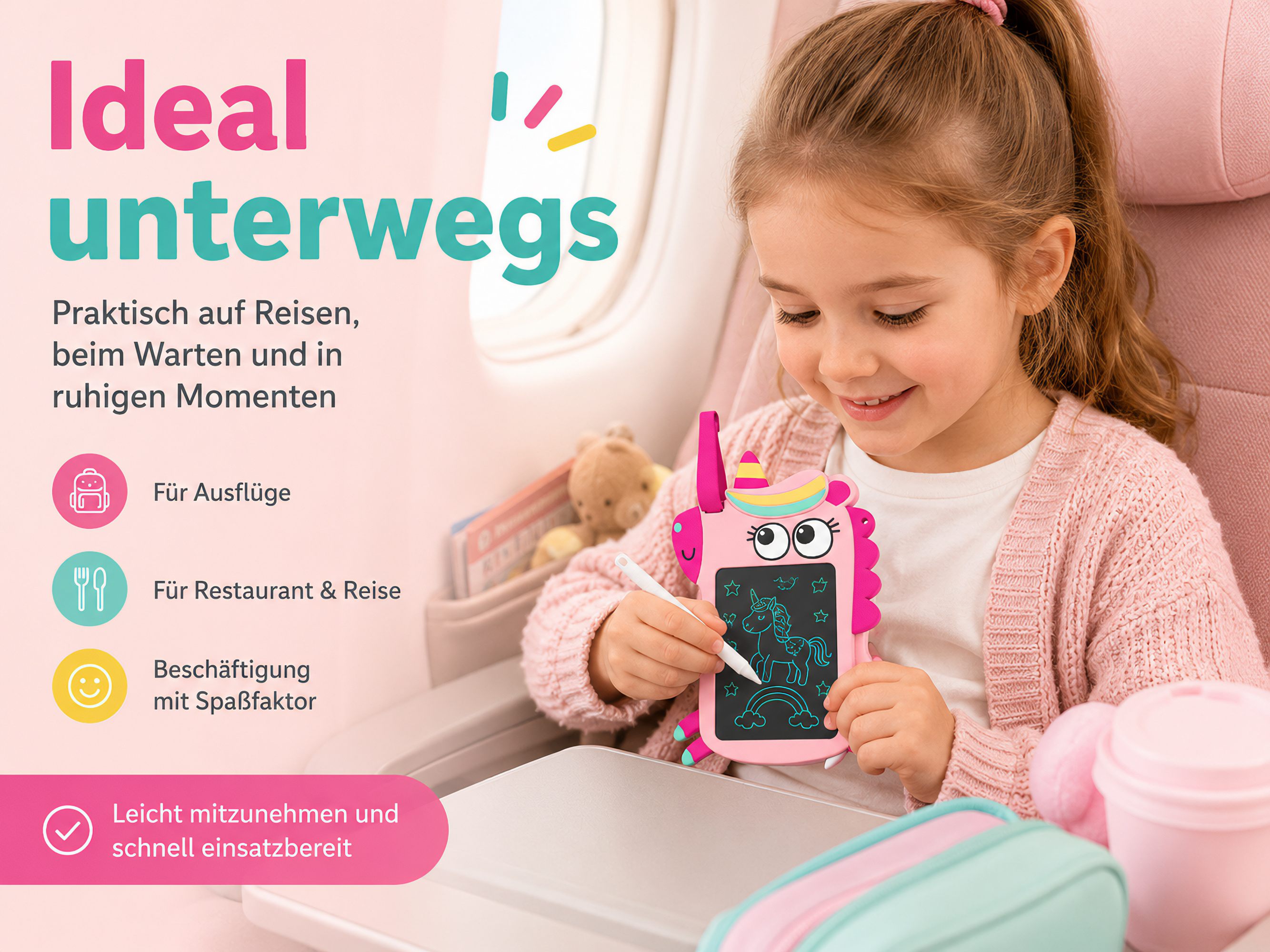 Mädchen zeichnet auf pinkem Einhorn-Tablet im Flugzeug. Ideal für unterwegs.