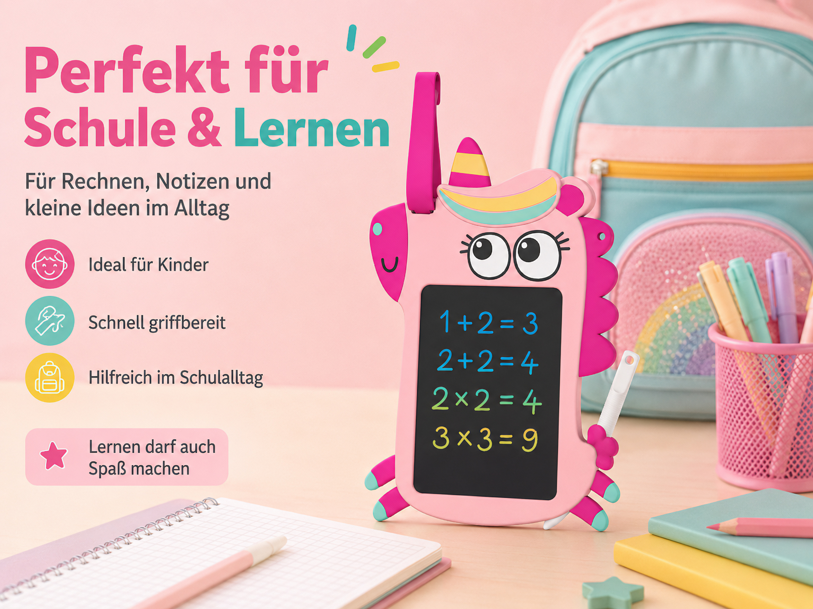 Ein pinkes Einhorn-Tablet mit Matheaufgaben, daneben ein Rucksack und Schreibwaren.