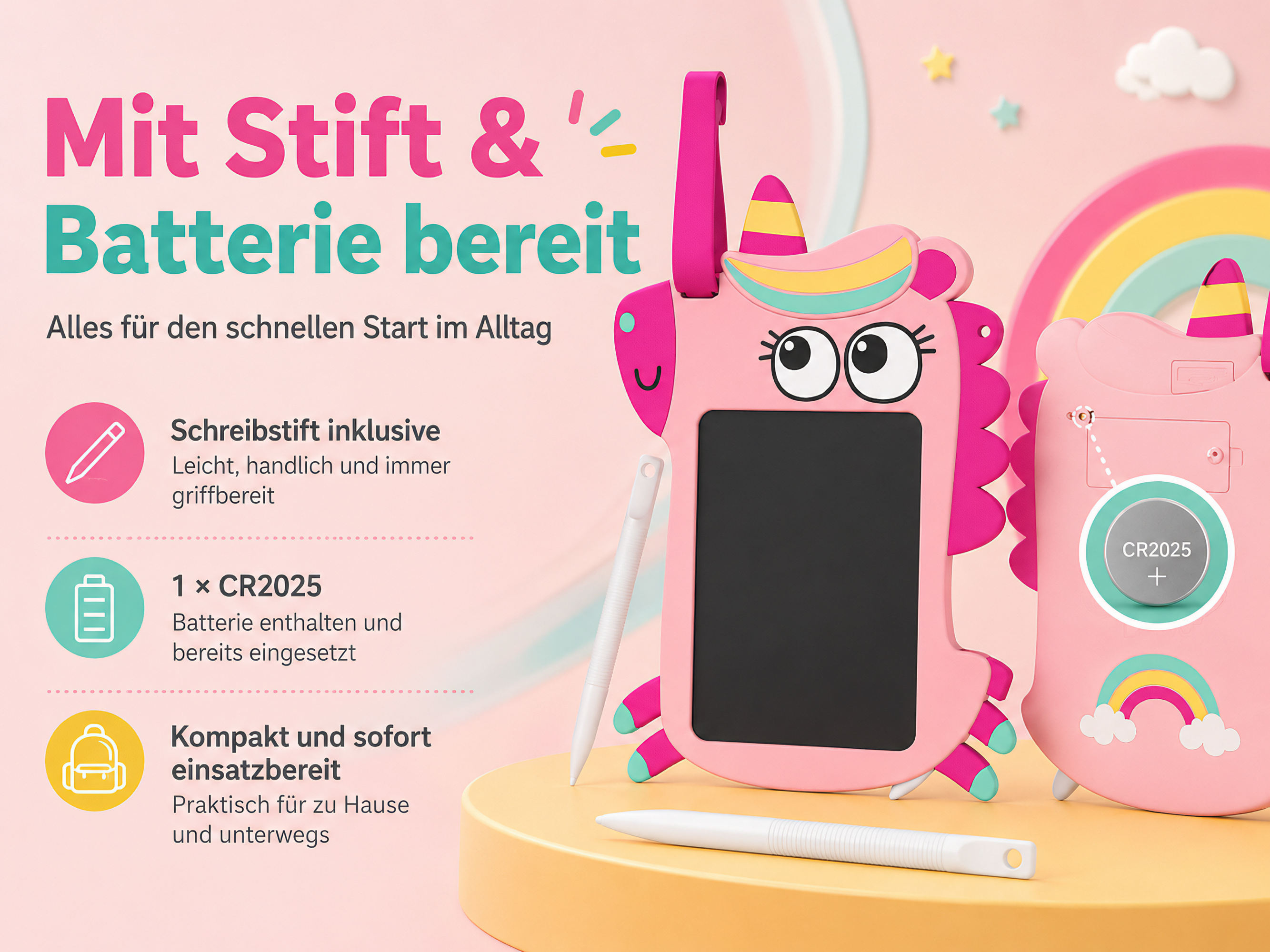 Pinkes Einhorn-Schreibtablett mit Stift und CR2025-Batterie, bereit für den Alltag.