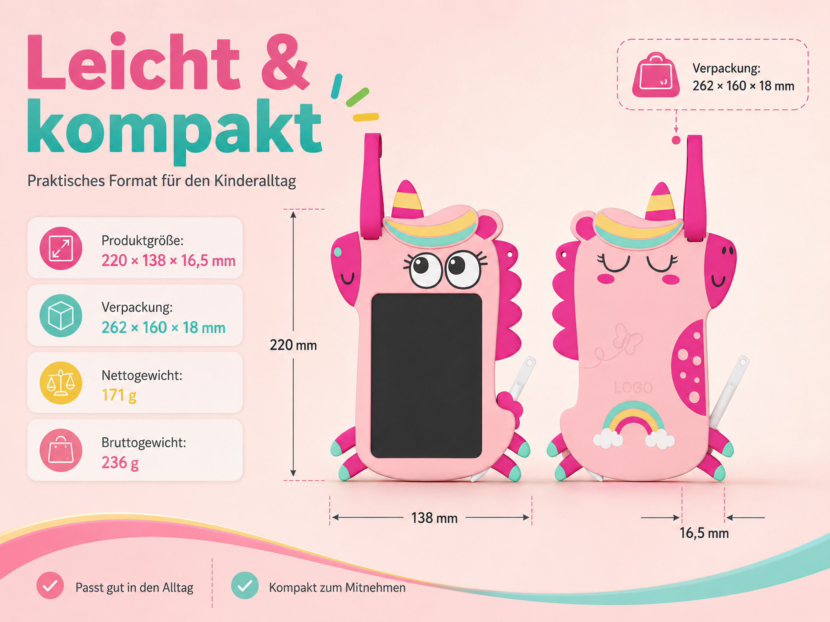 Zwei rosa Einhorn-Tablets mit Display, Stiften und Maßen. Leicht & kompakt.
