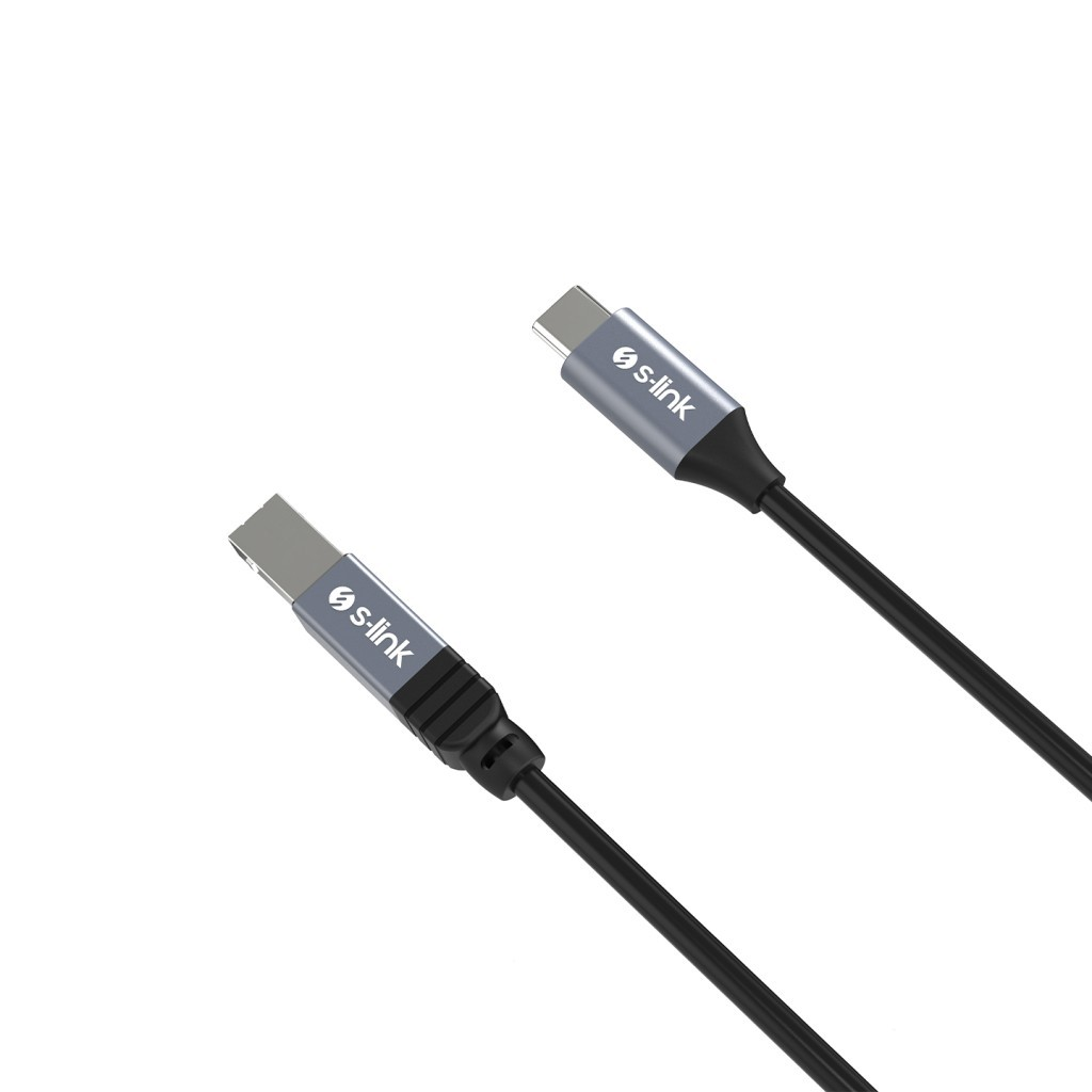Gümüş konnektörlü ve S-Link logolu iki siyah USB-C kablosu.