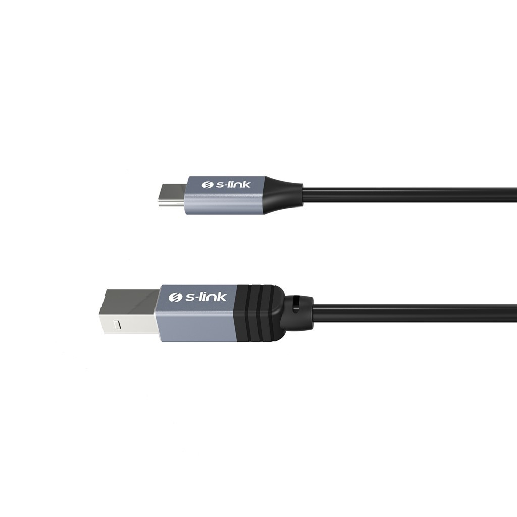 Gümüş "s-link" konektörlü siyah USB-C'den USB-A'ya kablo, beyaz üzerinde izole edilmiş.