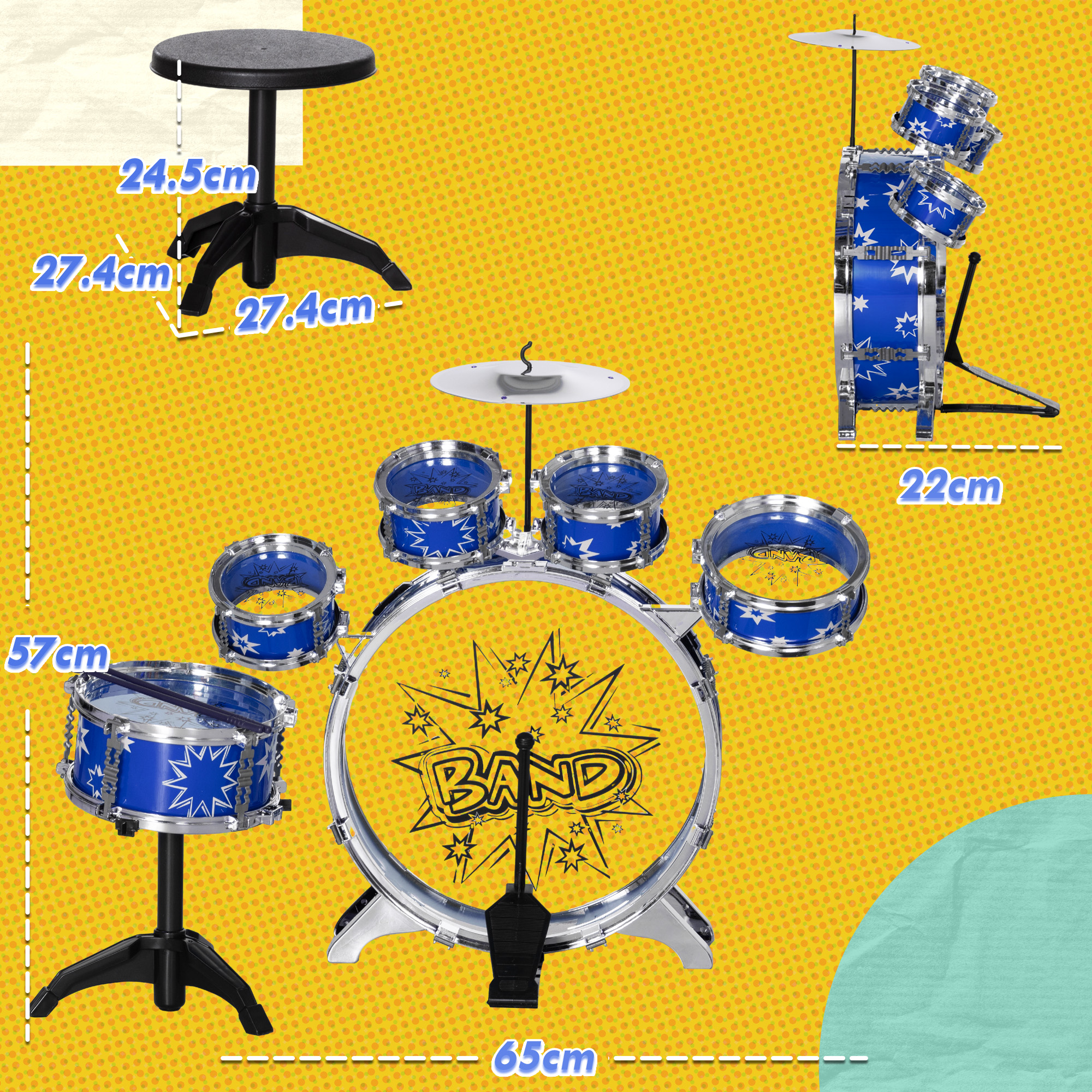 Un set di batteria giocattolo blu con accenti argentati e uno sgabello su sfondo giallo.