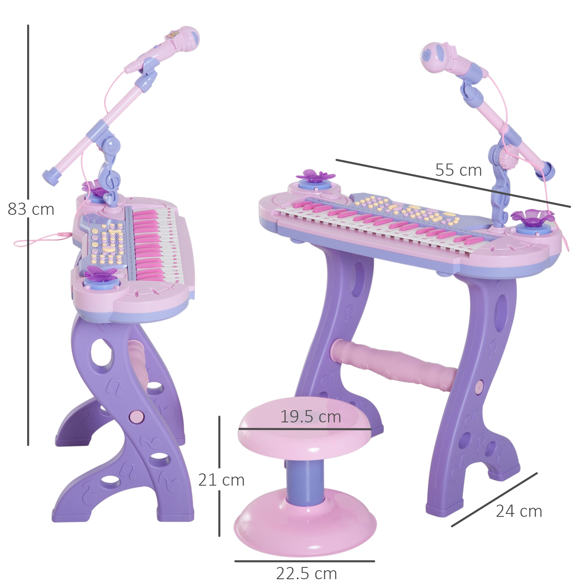 Tastiera giocattolo viola e rosa con supporto microfono e sgabello, con dimensioni.