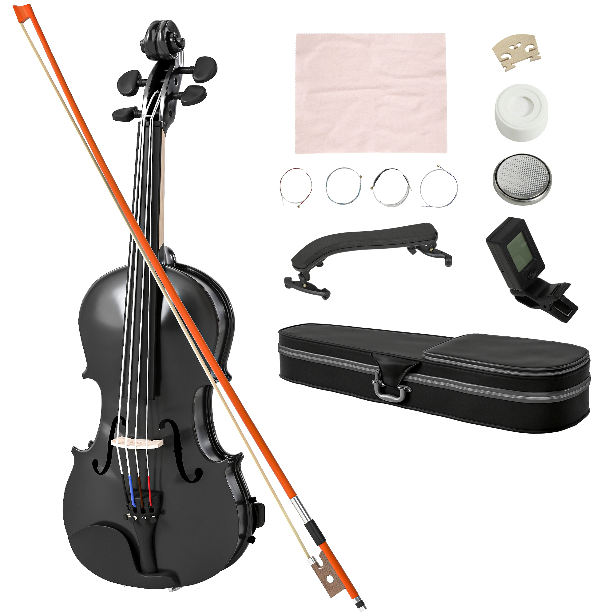 Violino nero con archetto, custodia e accessori su sfondo bianco.