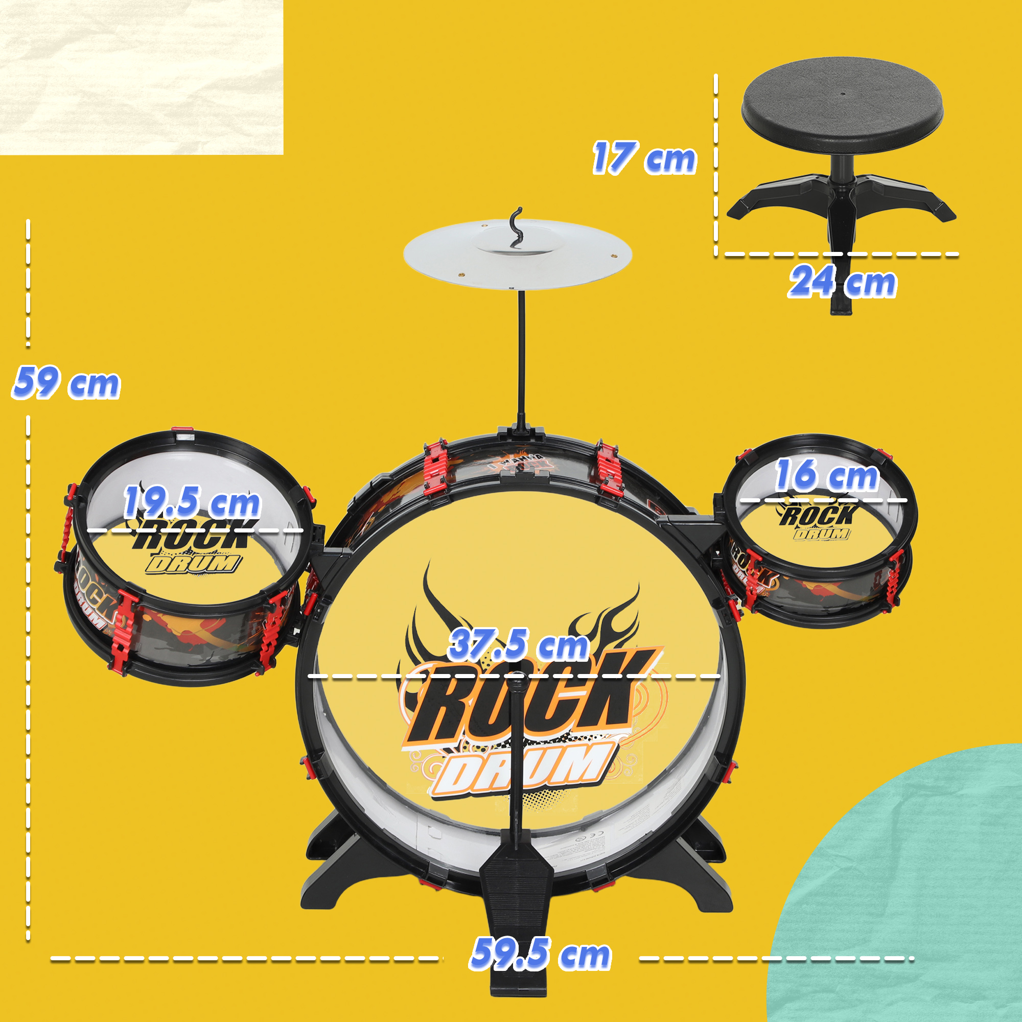 Un set di batteria giocattolo con uno sgabello. Dimensioni indicate sui tamburi.