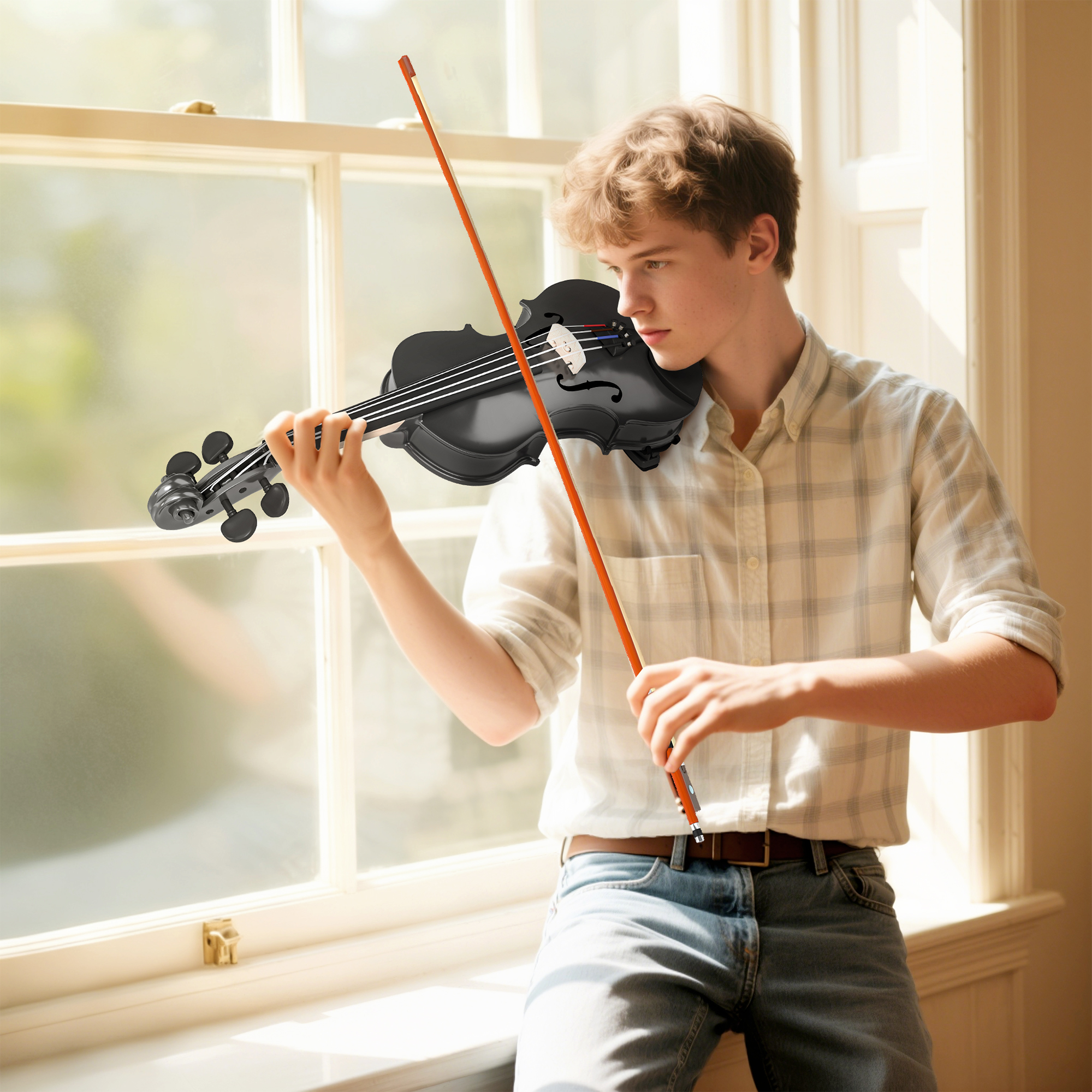 Un ragazzo con capelli castano chiaro suona il violino davanti a una finestra.