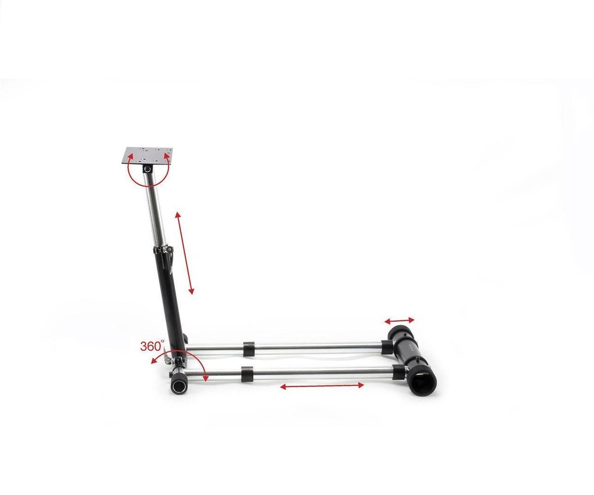Soporte ajustable negro y plateado con flechas indicando ajuste de altura y anchura.