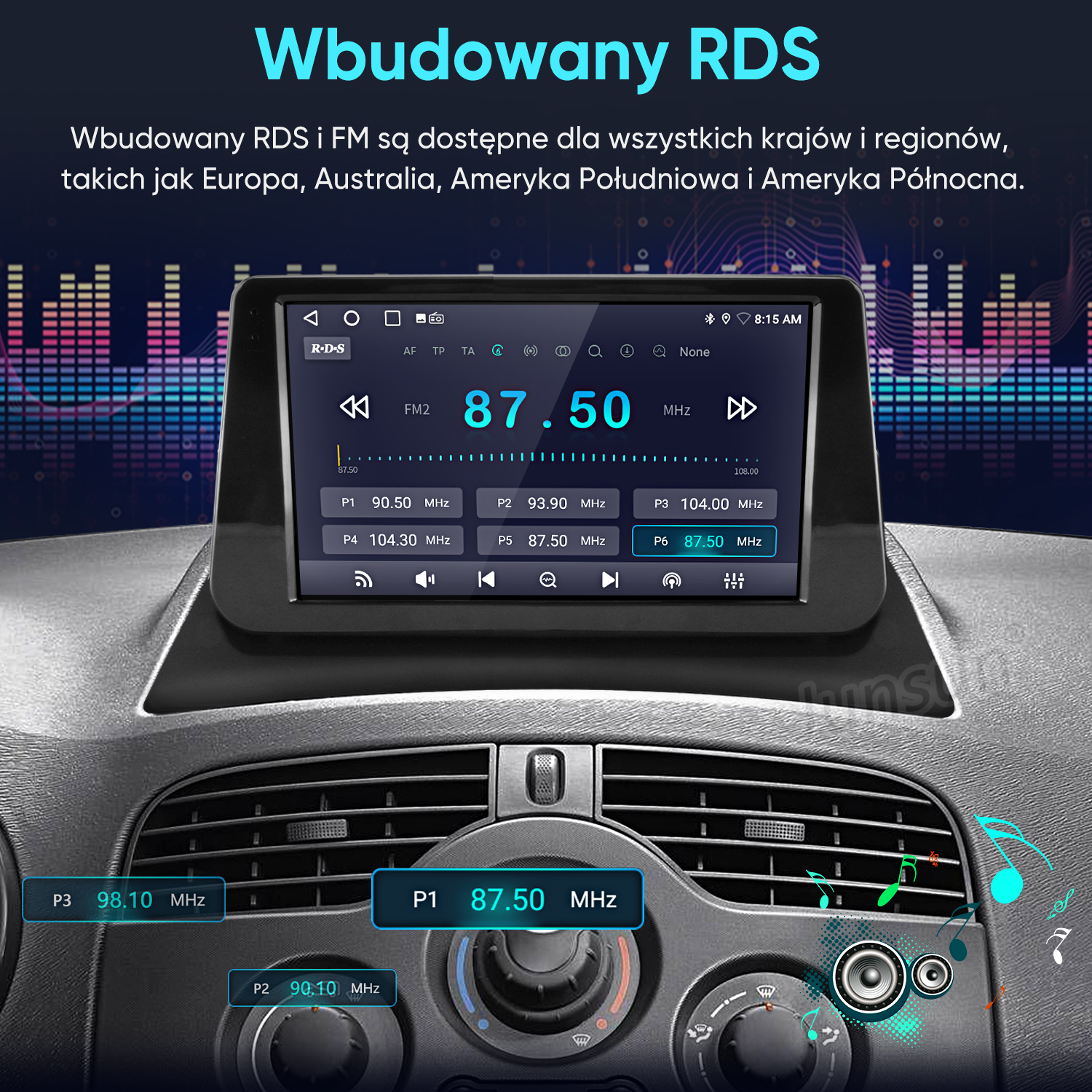 Wyświetlacz radia samochodowego pokazuje FM2 87.50 MHz z zaprogramowanymi stacjami.