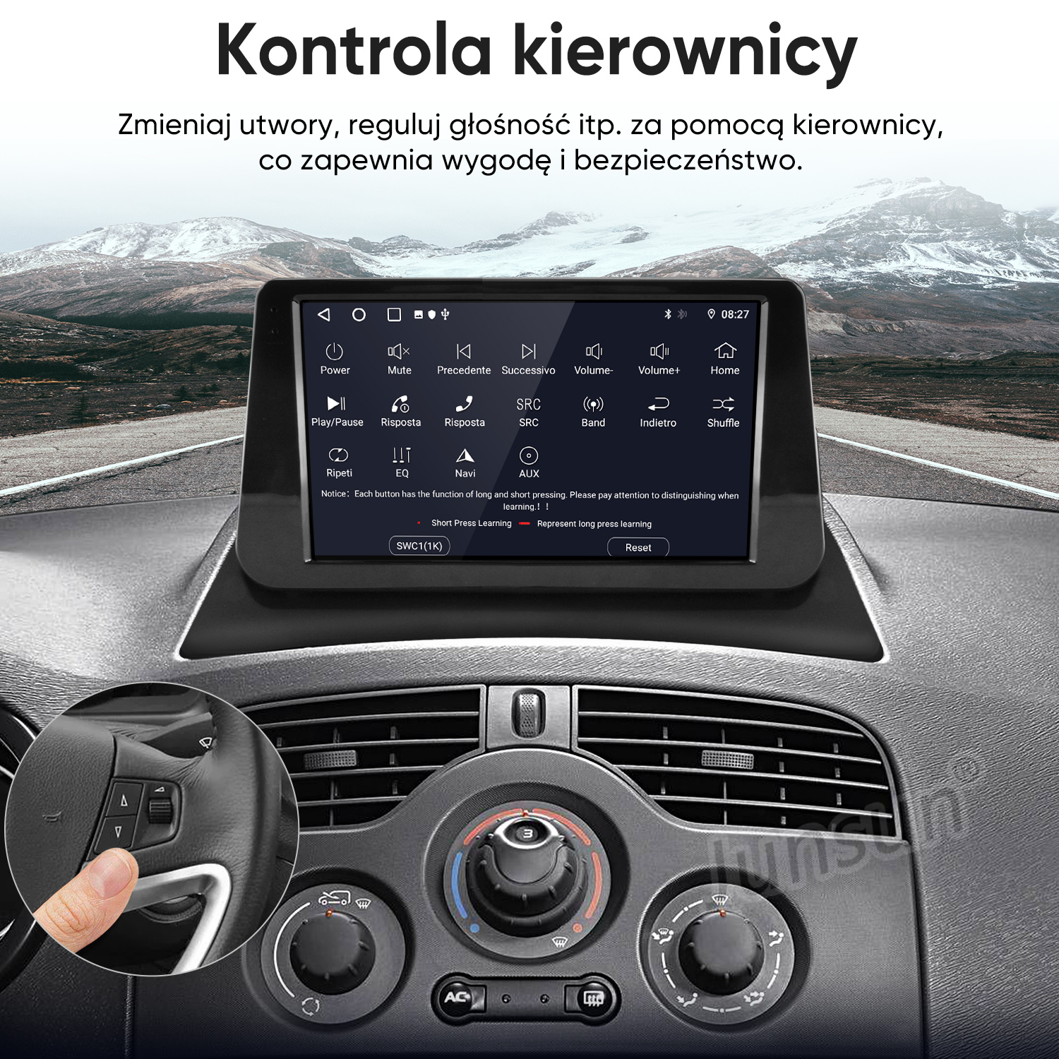 Wnętrze samochodu z ekranem nawigacji i przyciskami na kierownicy. W tle krajobraz górski.