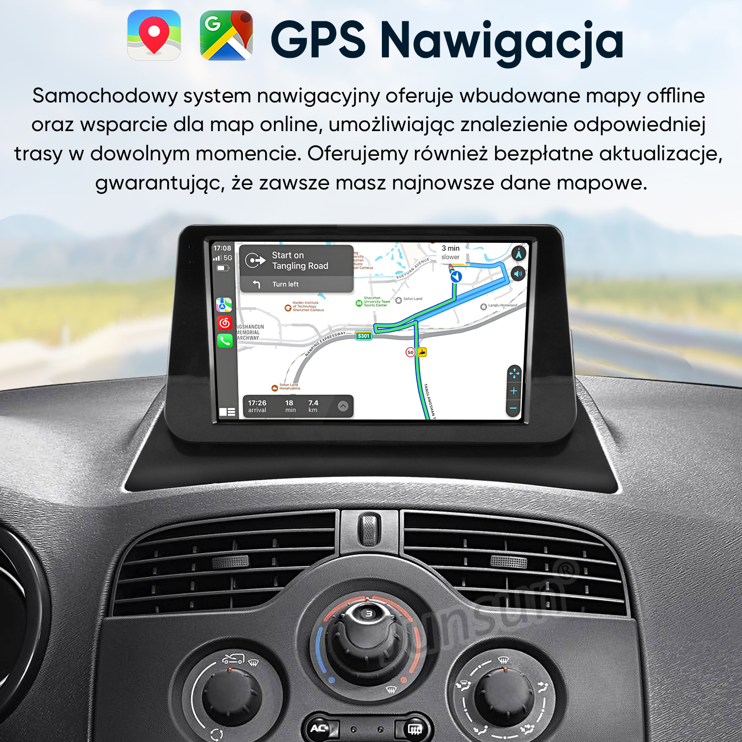 Deska rozdzielcza samochodu z ekranem nawigacji GPS pokazującym trasę.