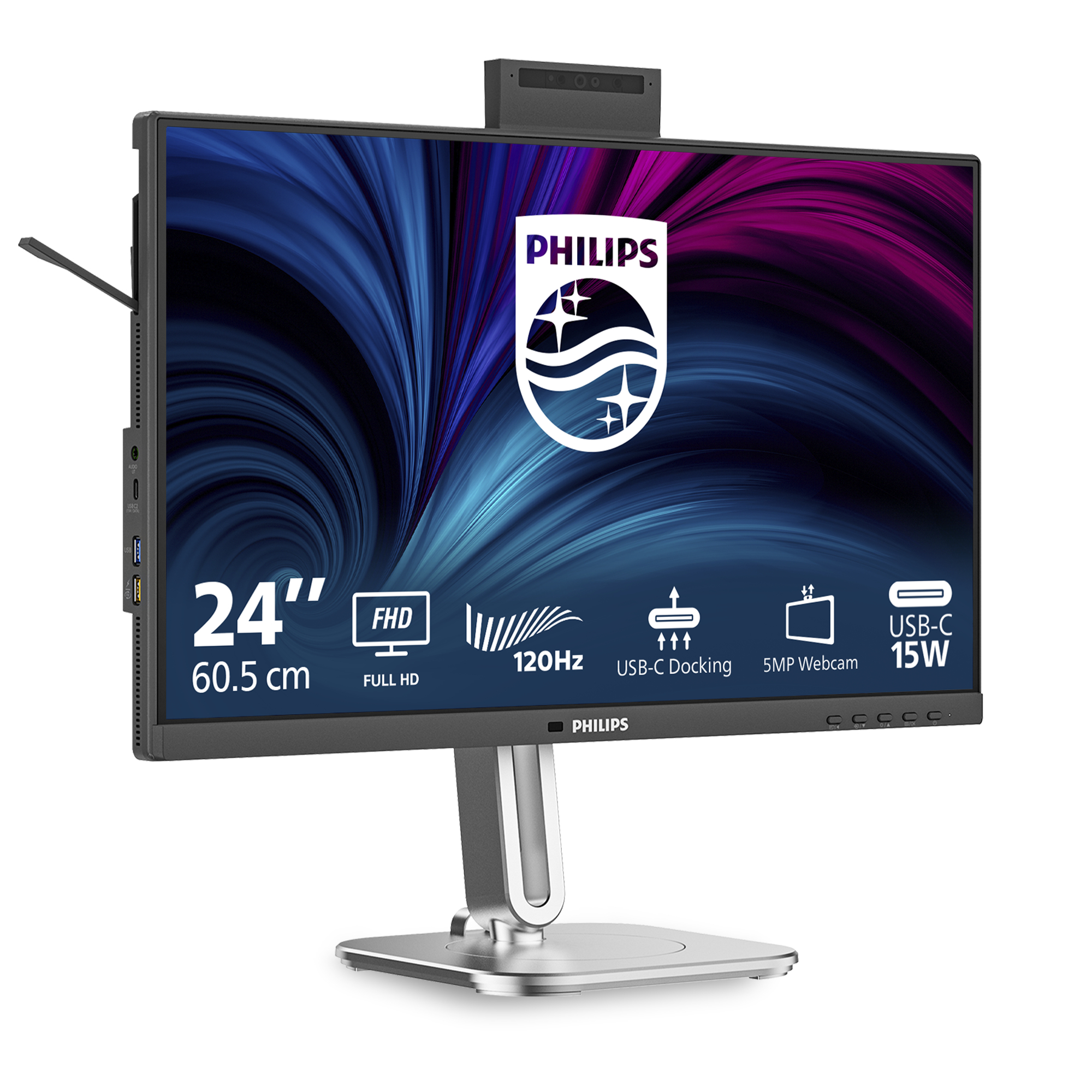 Monitor Philips FHD da 24 pollici con 120Hz, docking USB-C e webcam da 5MP.