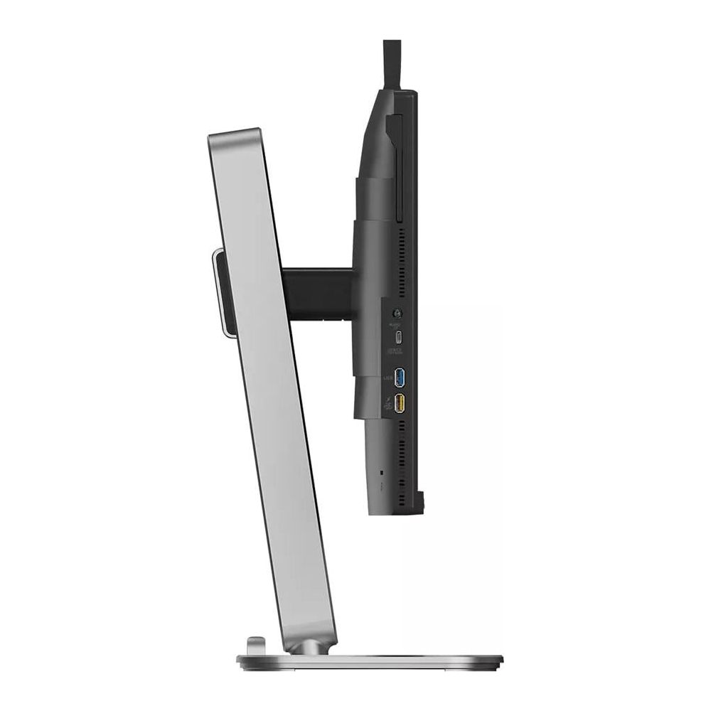 Vista laterale di un monitor con supporto argentato e porte sul lato.