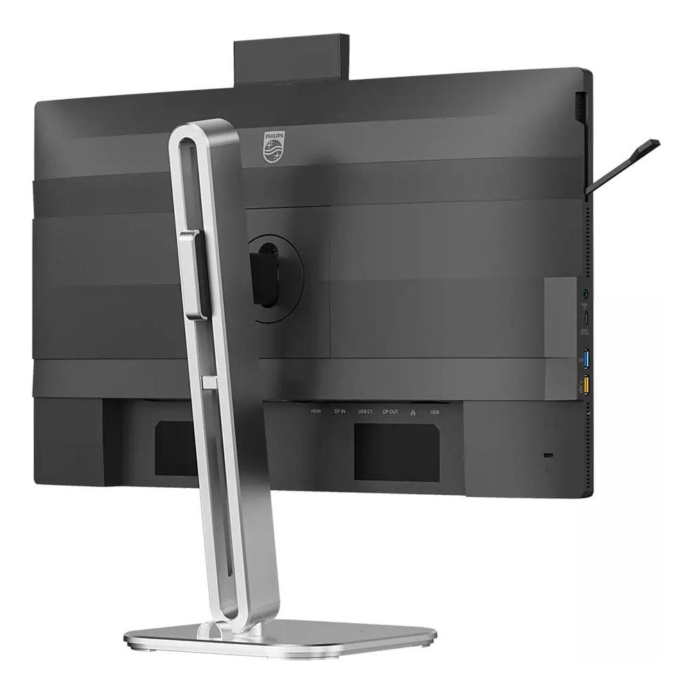 Vista posteriore di un monitor nero con supporto argentato e porte.