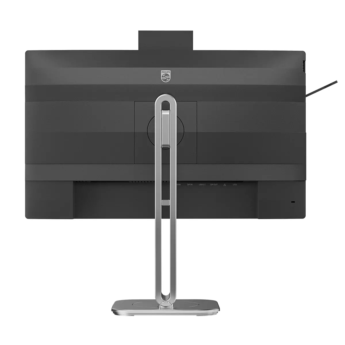 Vista posteriore di un monitor nero con supporto argentato e porte.