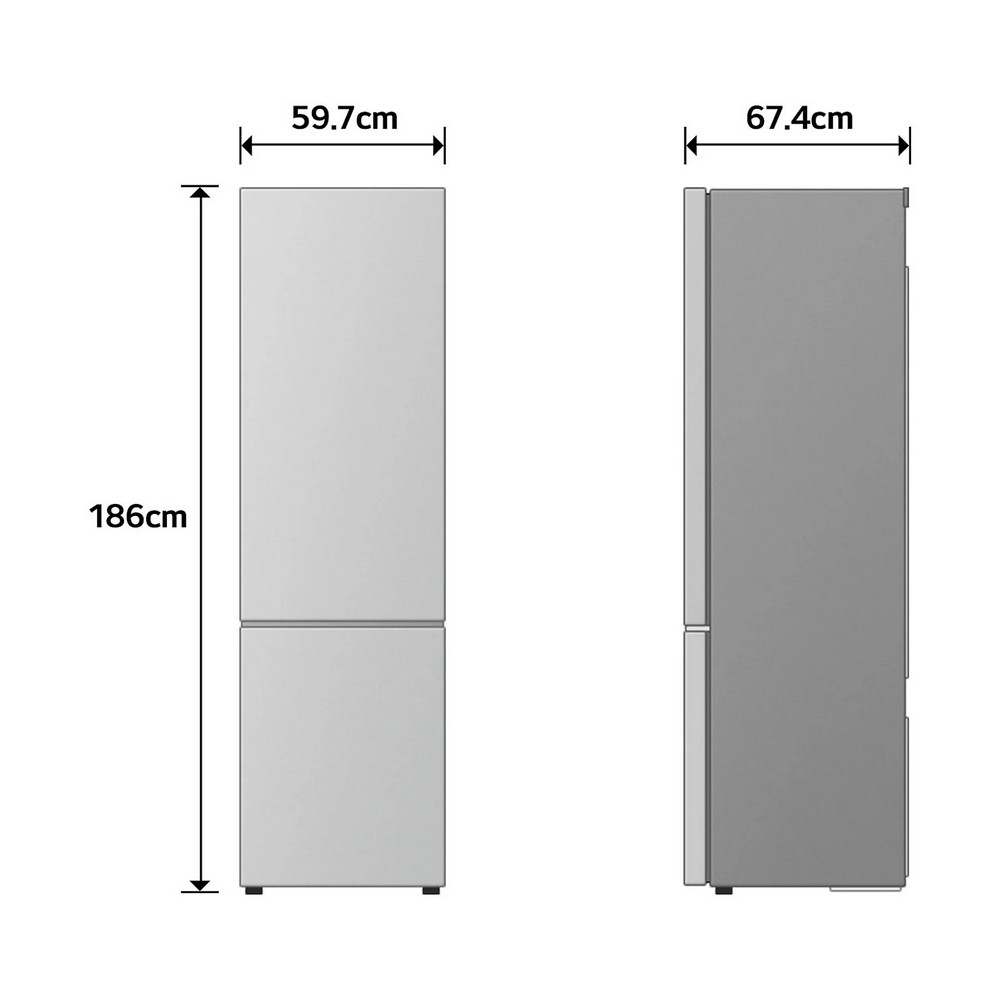 Dos vistas de un frigorífico gris con dimensiones: 186cm Al, 59.7cm An, 67.4cm Pr.