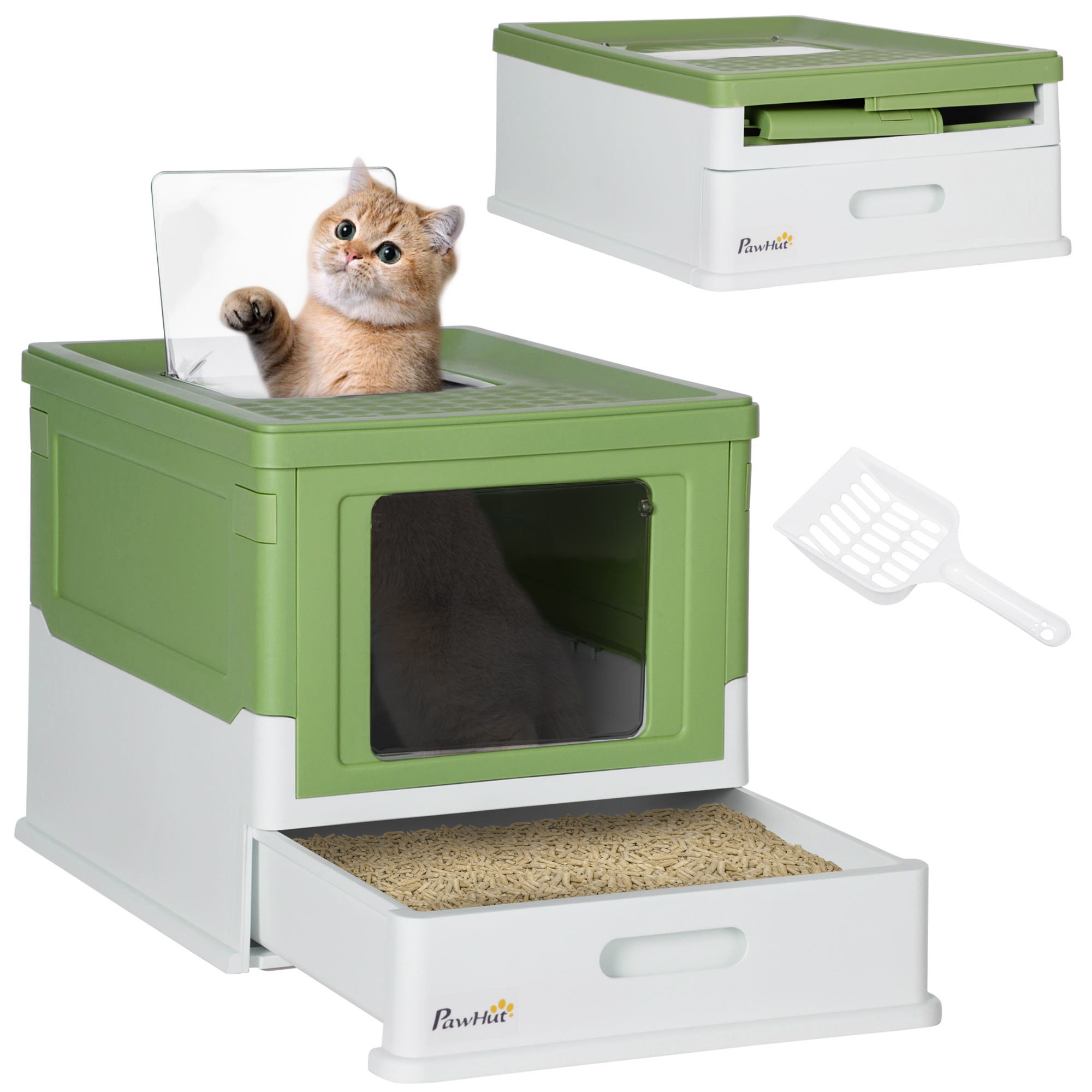 Un gatto è seduto in una lettiera verde e bianca con cassetto estraibile.