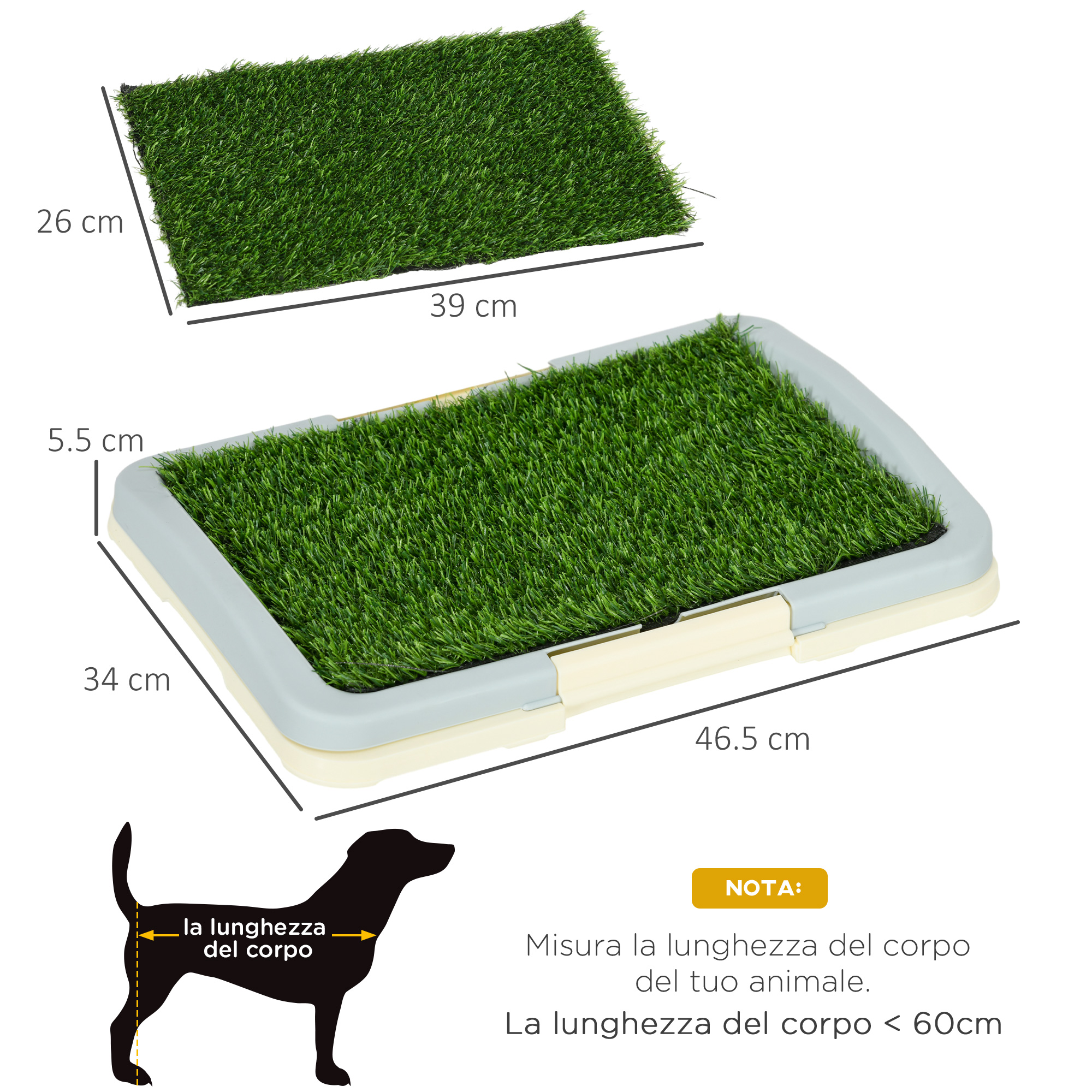Tappetino in erba sintetica con misure e toilette per cani in plastica.