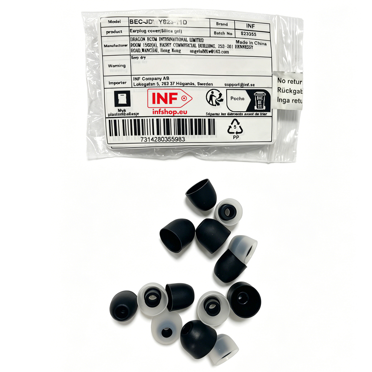 Schwarze und durchsichtige Ohrstöpsel liegen auf weißem Hintergrund, mit Verpackung.