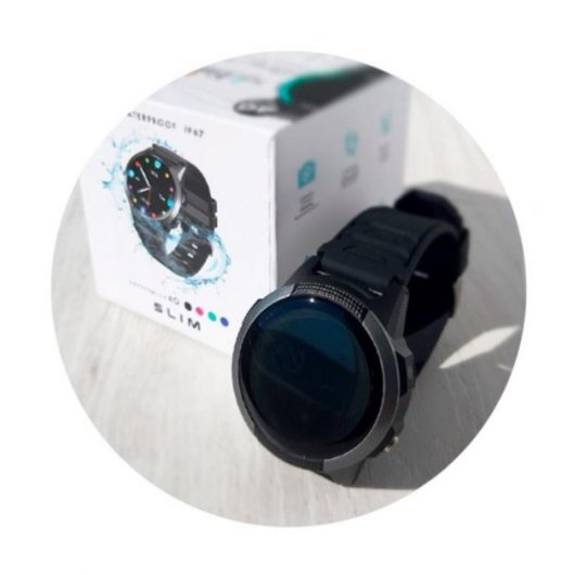 Smartwatch nero con cinturino nero, confezione accanto.