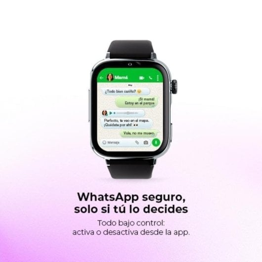 Un smartwatch muestra mensajes de WhatsApp. El texto dice: "WhatsApp seguro, solo si tú lo decides."