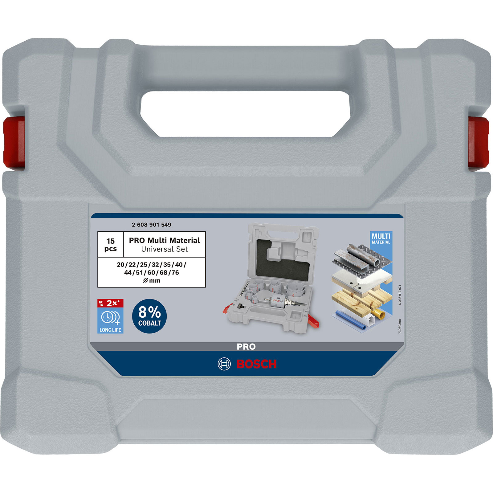 Grauer Bosch Koffer mit Lochsägen-Set für Multi-Material, 15 Teile, 8% Kobalt.
