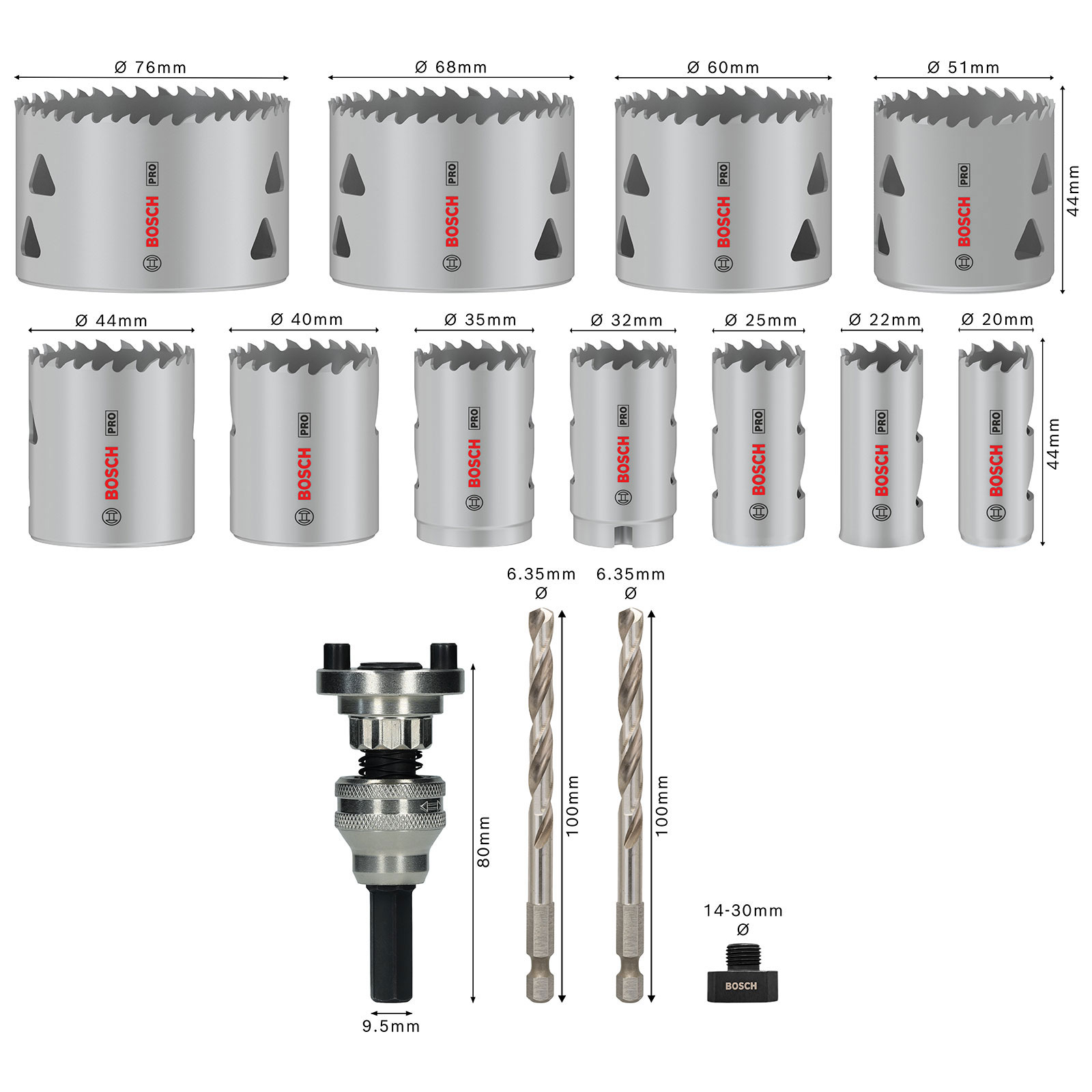 BOSCH Lochsägen-Set mit verschiedenen Durchmessern, Bohrer und Zentrierbohrer.