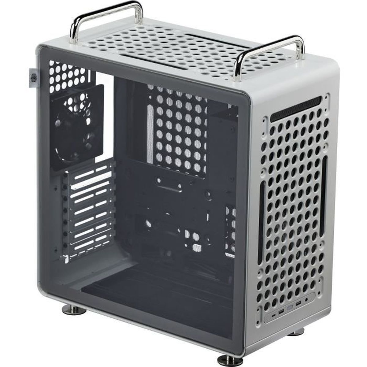 Ein weißes Computergehäuse mit Glasfenstern, Lüftungsschlitzen und silbernen Griffen.