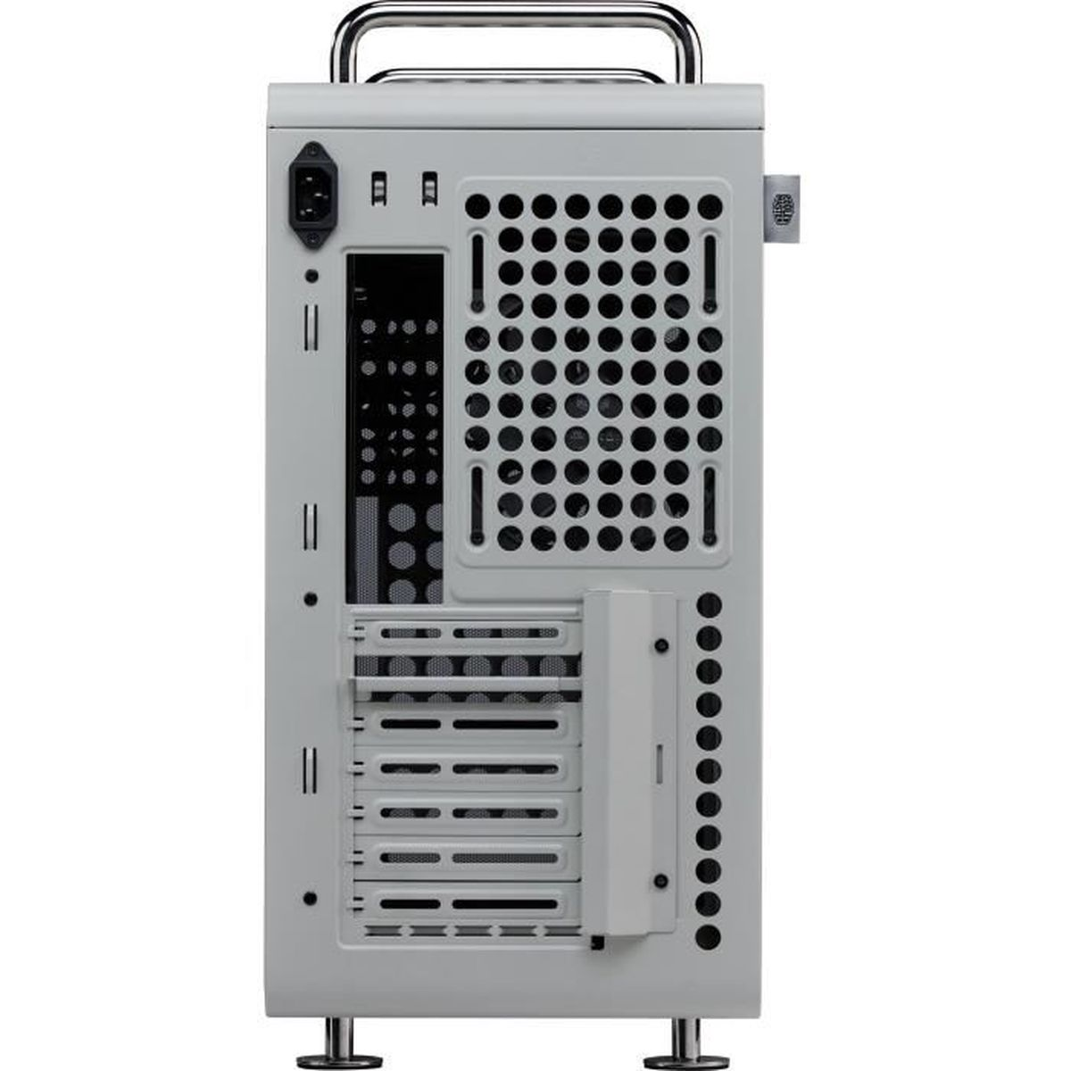 Rückseite eines weißen Computergehäuses mit Lüftungsschlitzen und Anschlüssen.