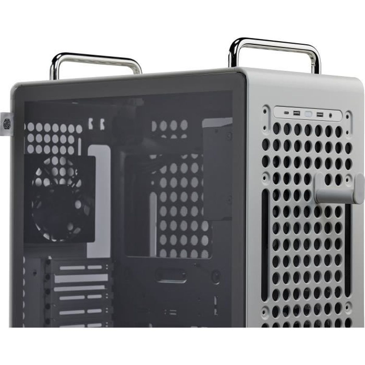 Ein silberner Computerturm mit Glasseitenteil und Chromgriffen oben.