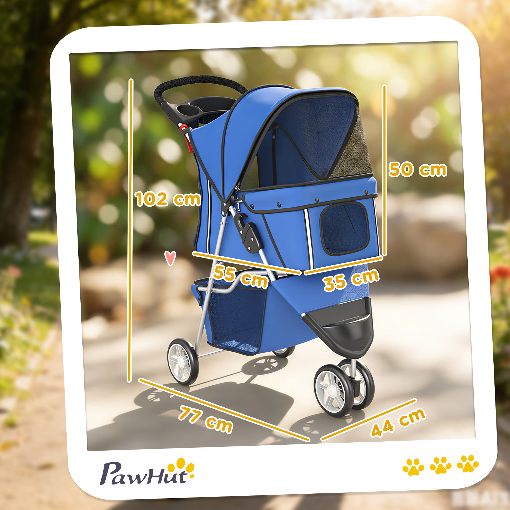 Carrozzina blu per animali con dimensioni: altezza 102cm, profondità 50cm, larghezza 55cm, profondità 35cm, lunghezza 77cm, larghezza 44cm.