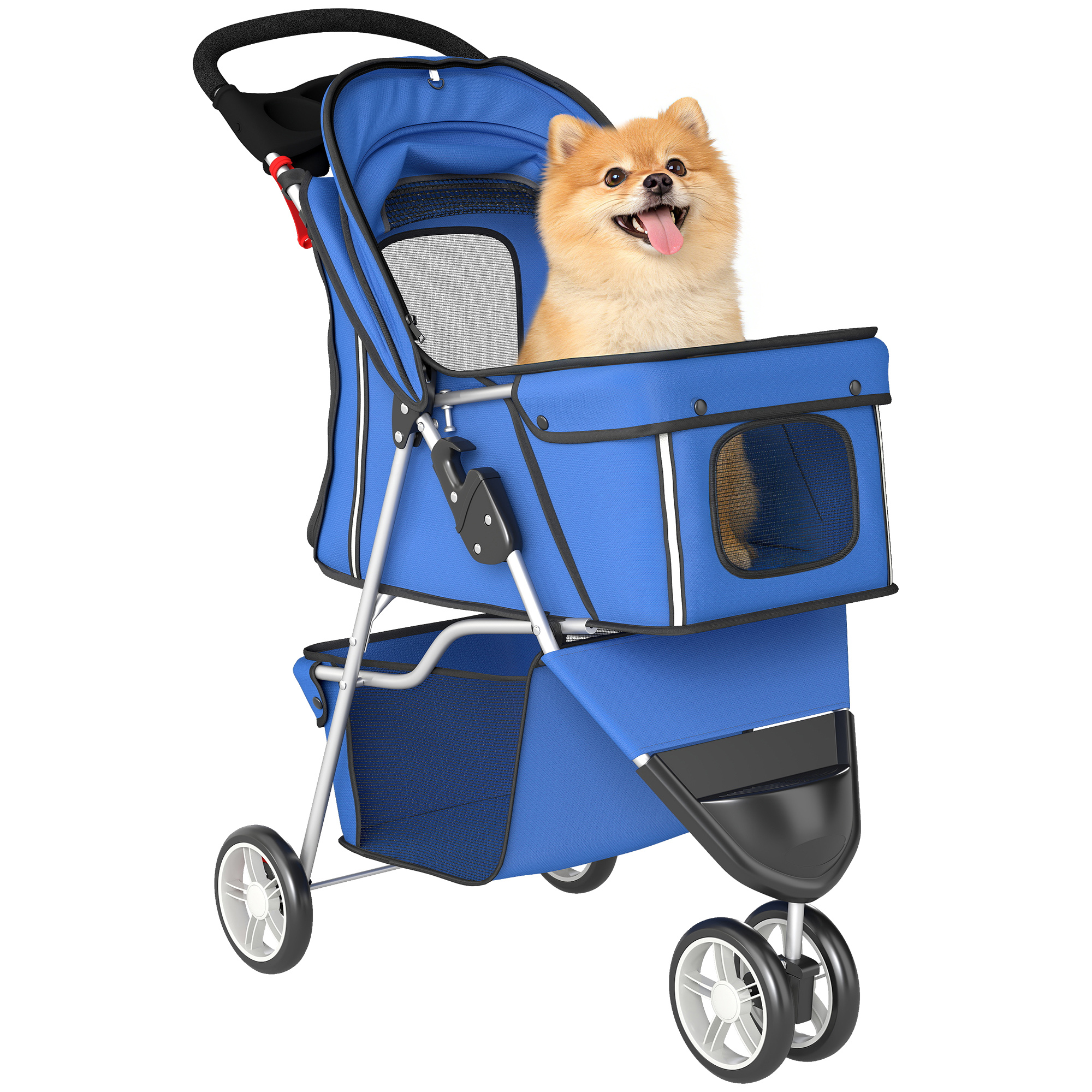 Un Pomerania seduto in un passeggino blu per animali con finestre in rete e capote.