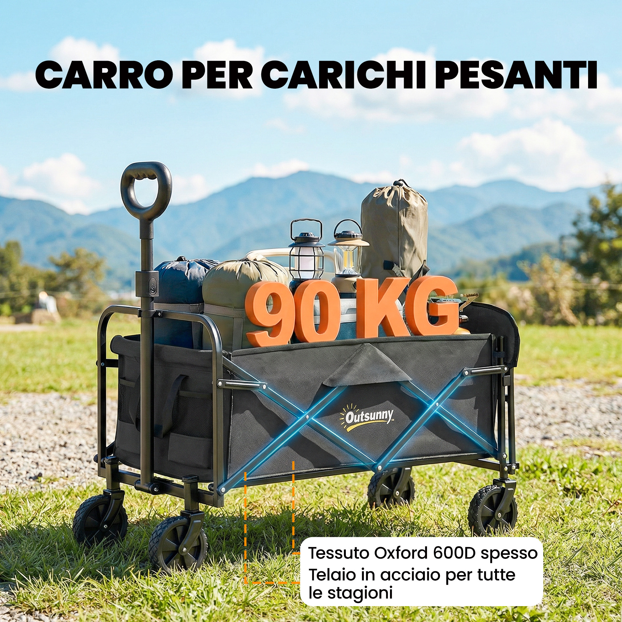 Carrello nero da esterno con capacità 90 kg, riempito con attrezzatura da campeggio.