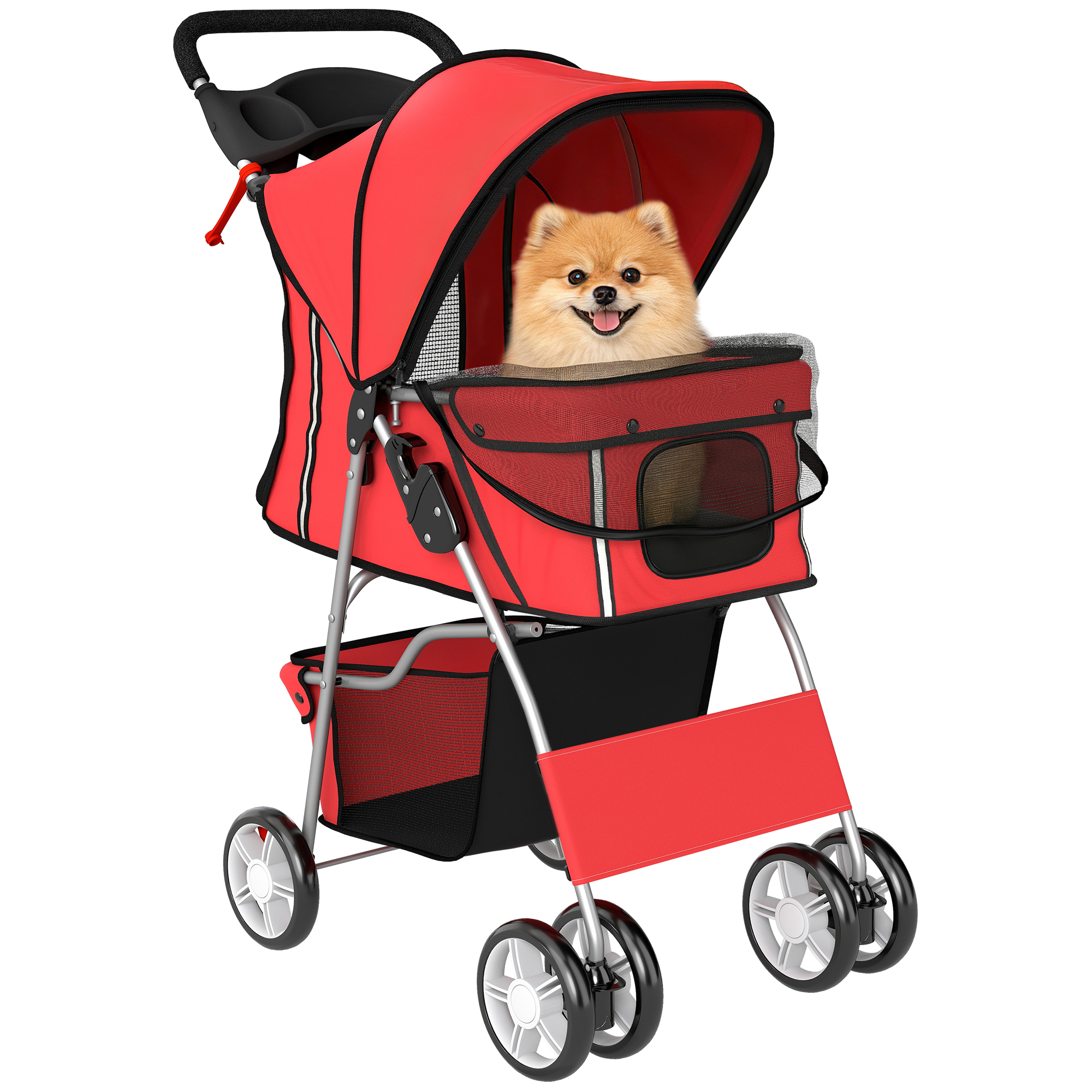 Un Pomerania siede in un passeggino rosso per animali con finestre in rete.