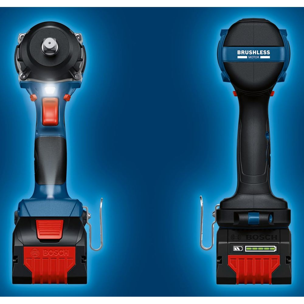 Zwei Bosch-Akkuschrauber, blau und schwarz, mit roten Akzenten und LED-Lichtern.