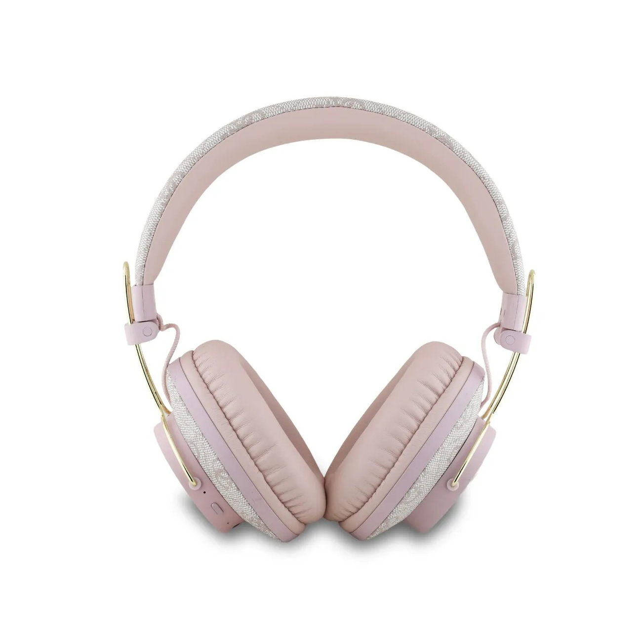 Un paio di cuffie rosa con accenti dorati e archetto bianco fantasia.