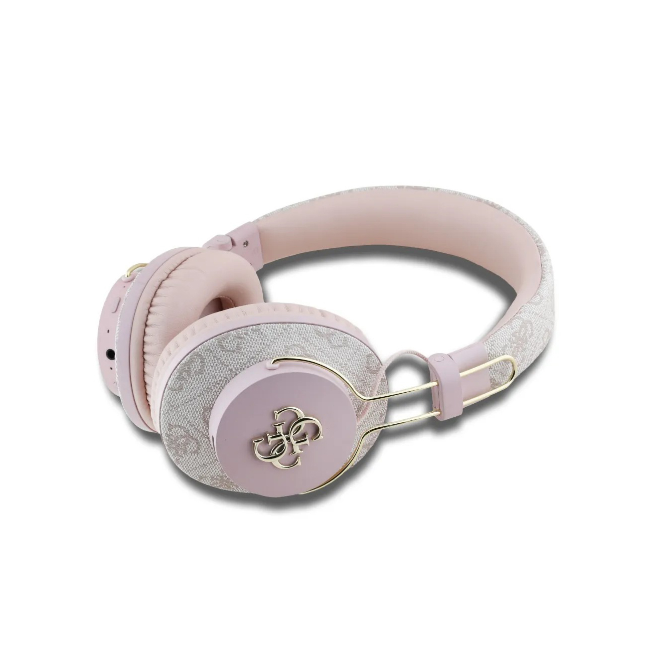 Cuffie rosa con logo Guess e motivo sui padiglioni.