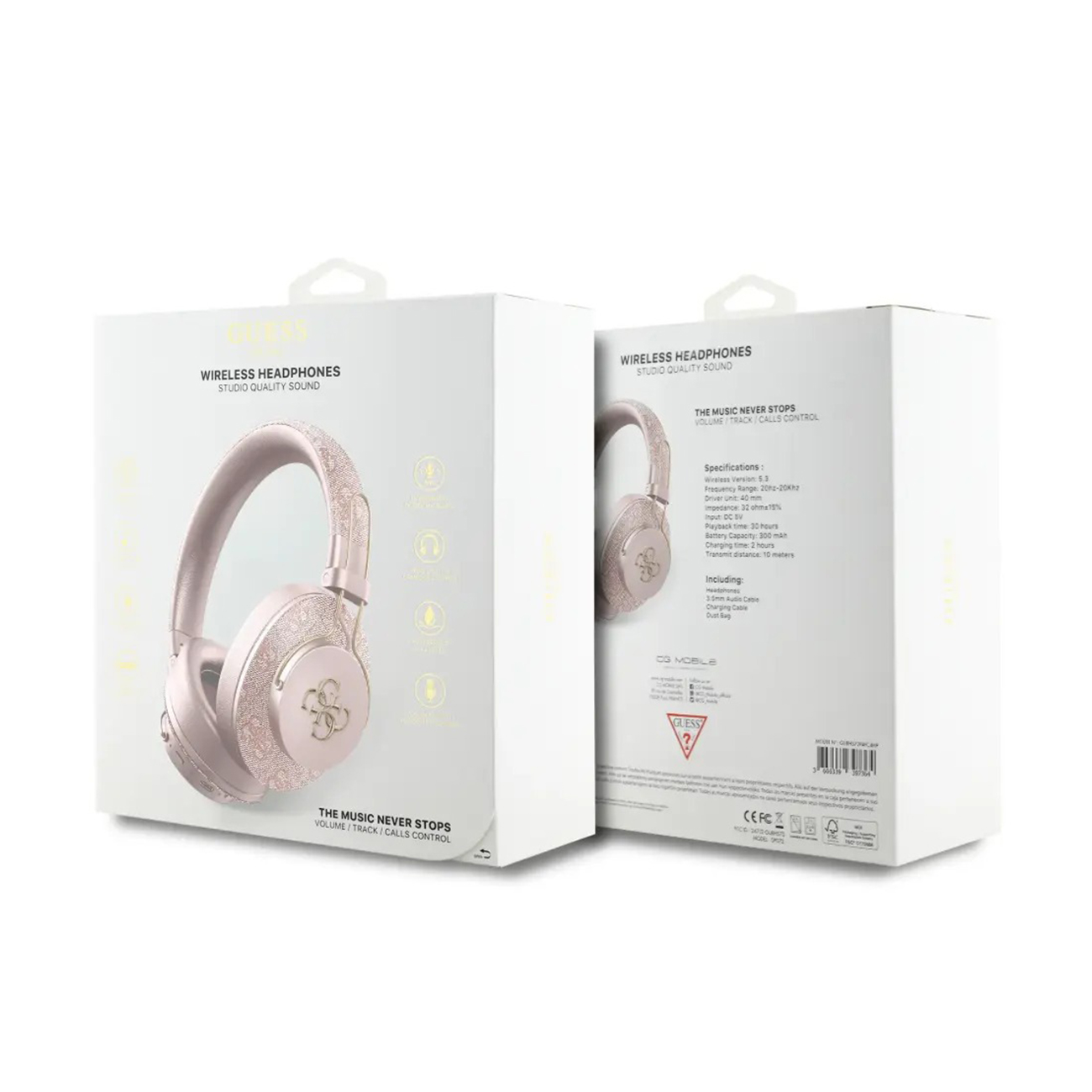 Cuffie rosa con logo GUESS sulla scatola che elenca le specifiche.