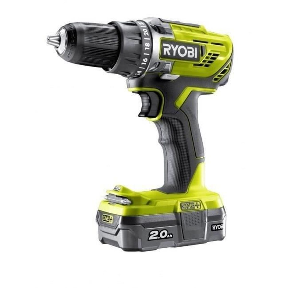 Un taladro inalámbrico Ryobi amarillo con mango negro y batería.