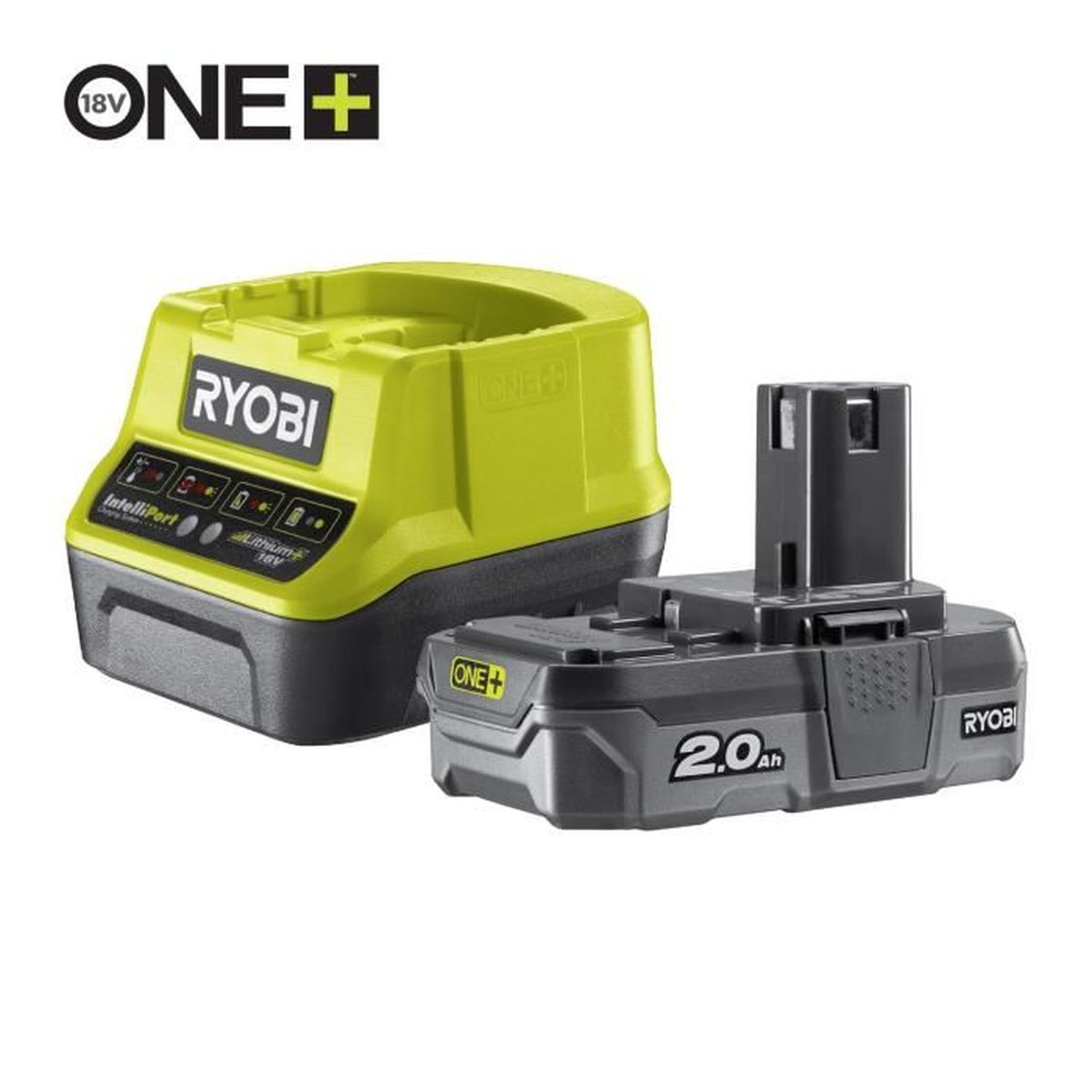 Una batería y cargador Ryobi 18V ONE+ verdes y grises.