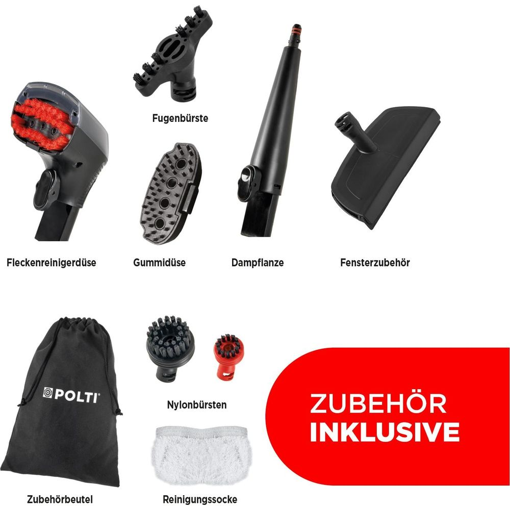 Verschiedene Dampfreiniger-Aufsätze wie Bürsten, Düsen, Socken und ein Beutel.