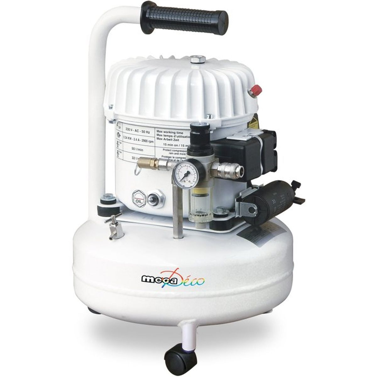 Ein weißer Kompressor mit Griff, Manometer und Rädern, Beschriftung 'meca éco'.