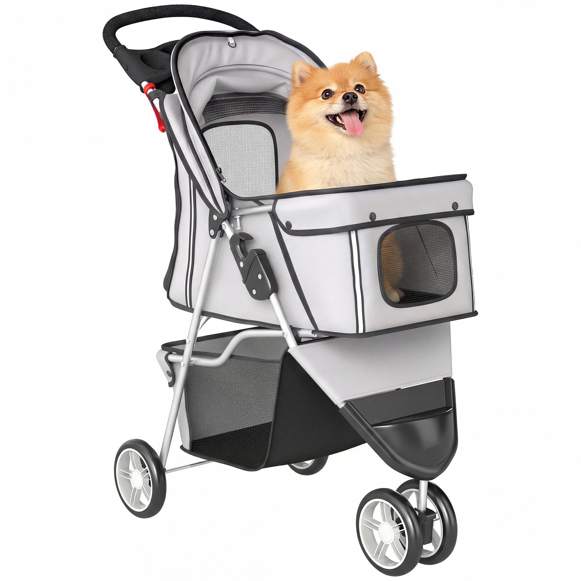 Un Pomerania seduto in un passeggino grigio per animali con finestre in rete e scomparto.