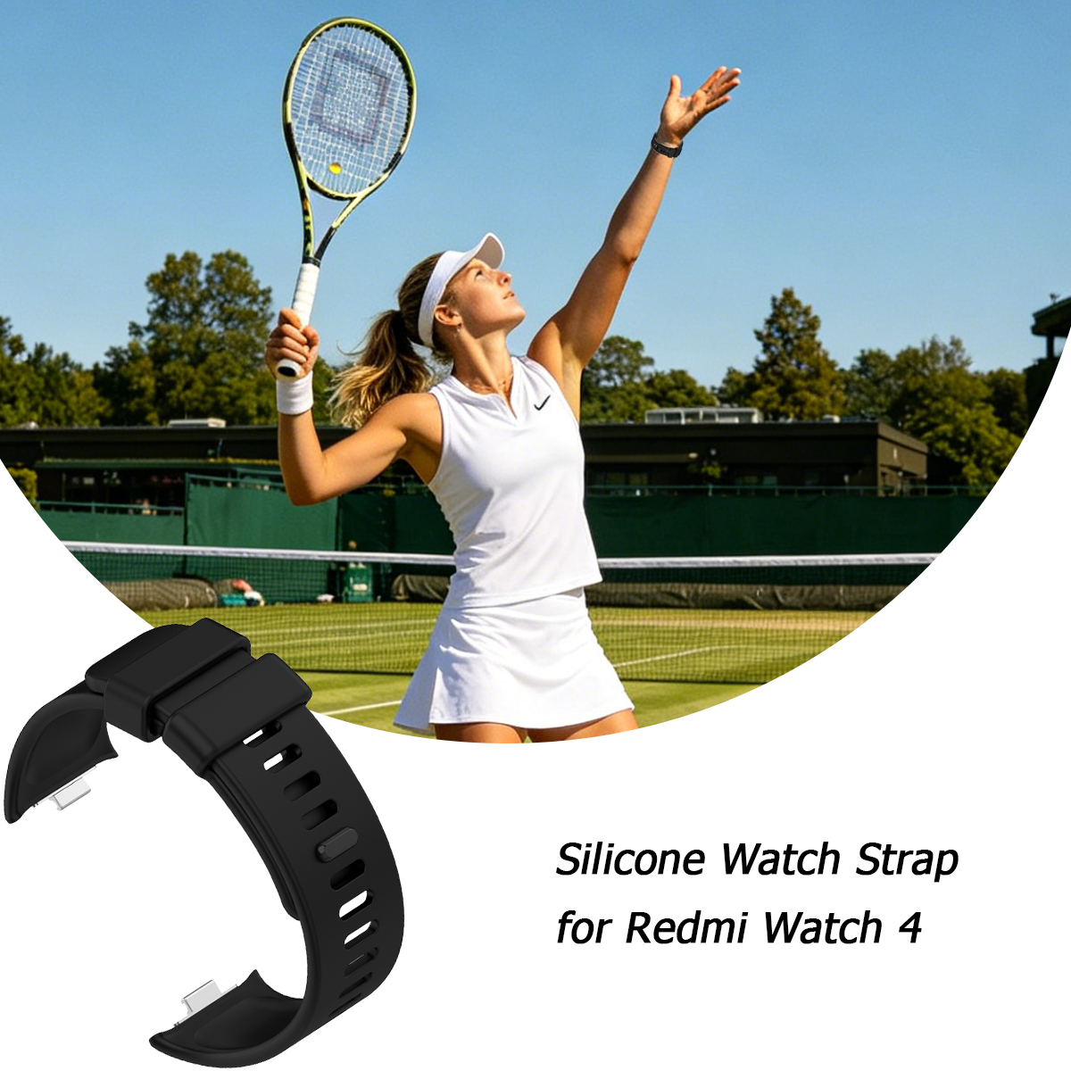 Eine Tennisspielerin im Weißen schlägt auf, daneben ein schwarzes Uhrenarmband.