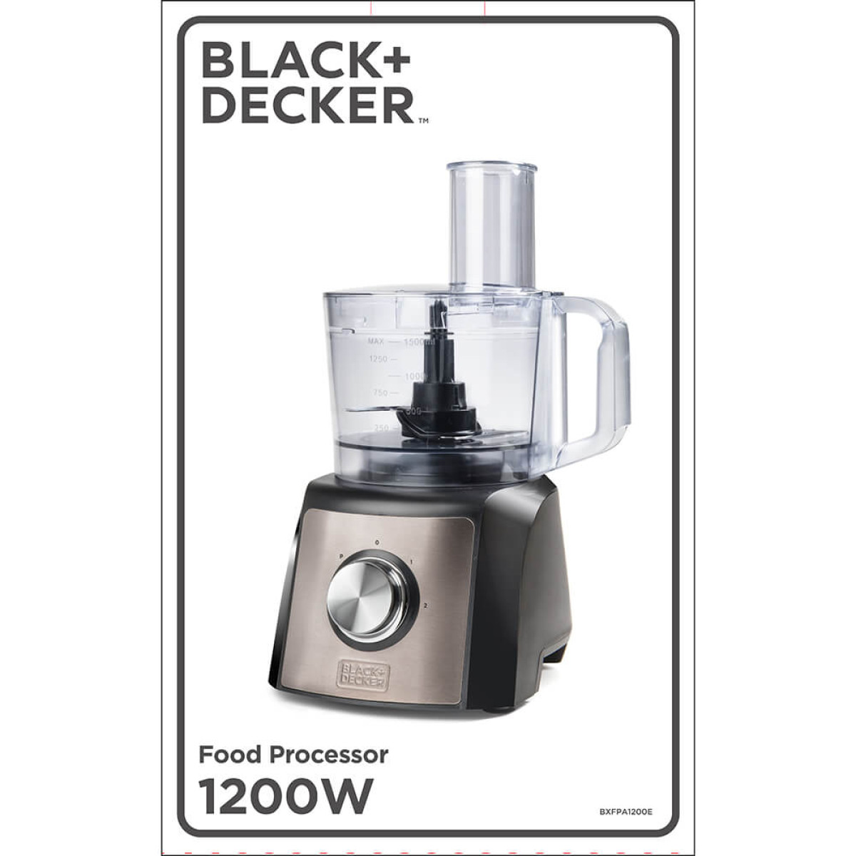 Un robot da cucina Black+Decker nero e argento con ciotola trasparente.