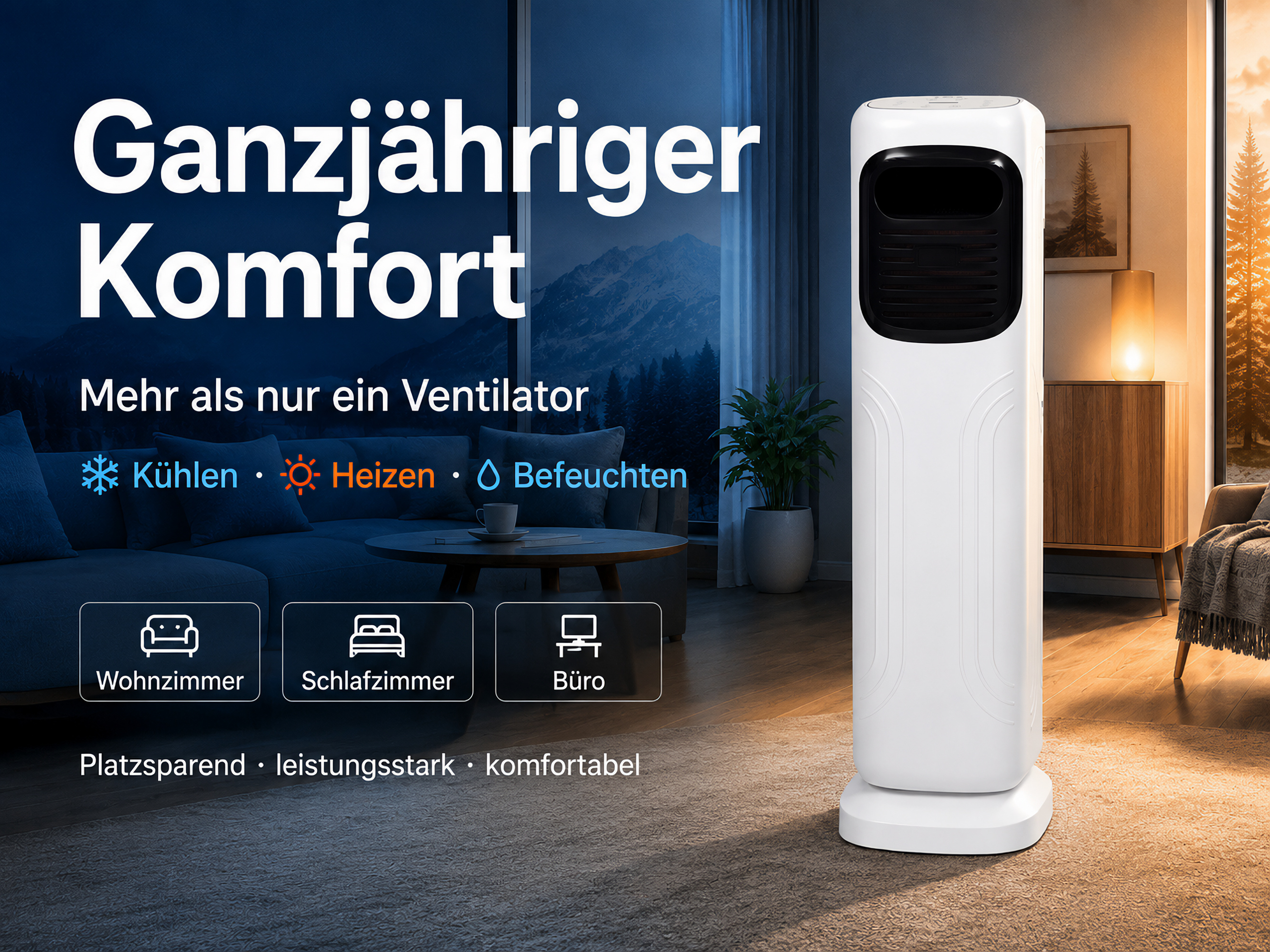 Ein weißer Turmventilator steht in einem Wohnzimmer mit Couch und Fenster.