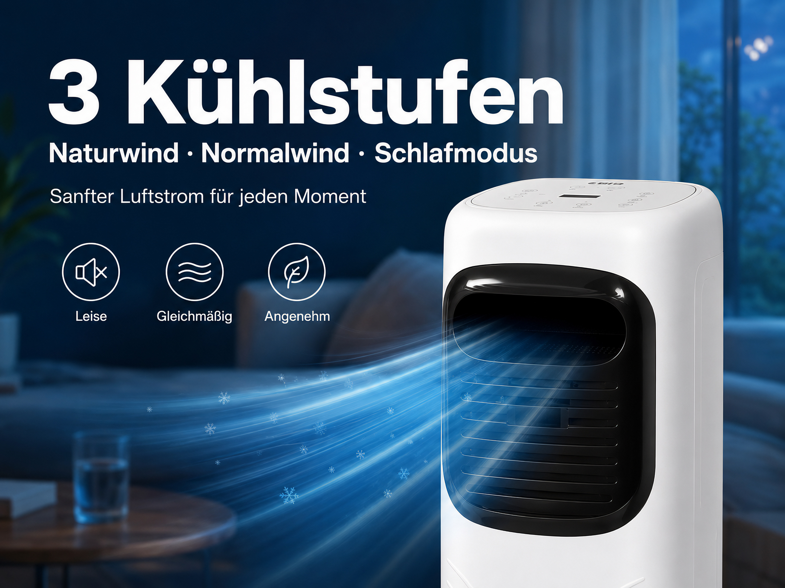 Ein weißer Turmventilator mit blauen Luftströmen und Schneeflocken.