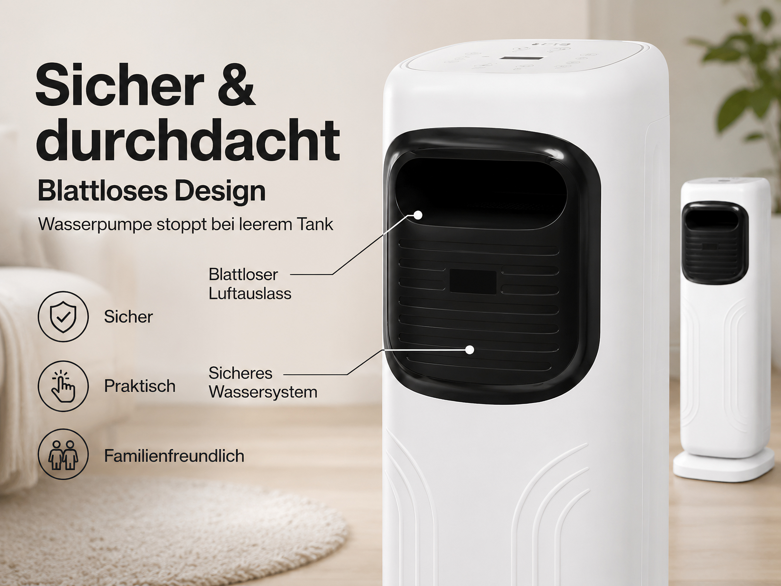 Ein weißer Luftreiniger mit schwarzem Lufteinlass steht auf einem Holzboden.