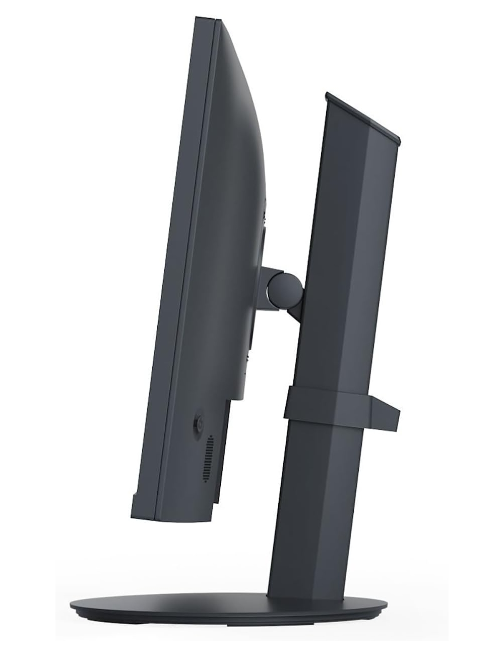 Un monitor del computer scuro con supporto girevole, mostrato di lato.